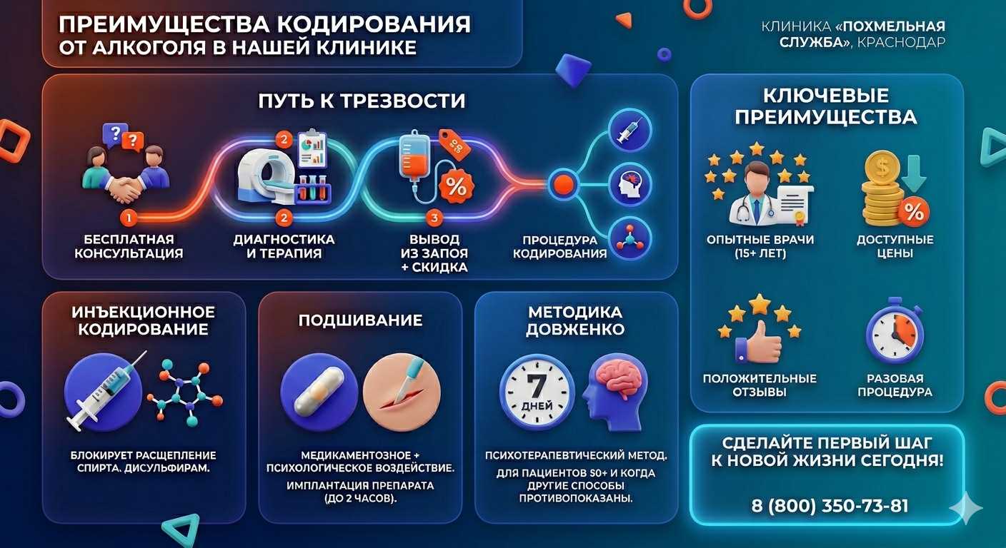 Инфографика о методах кодирования от алкоголя в Осташкове: инъекции, подшивание, метод Довженко. Преимущества клиники и этапы лечения.
